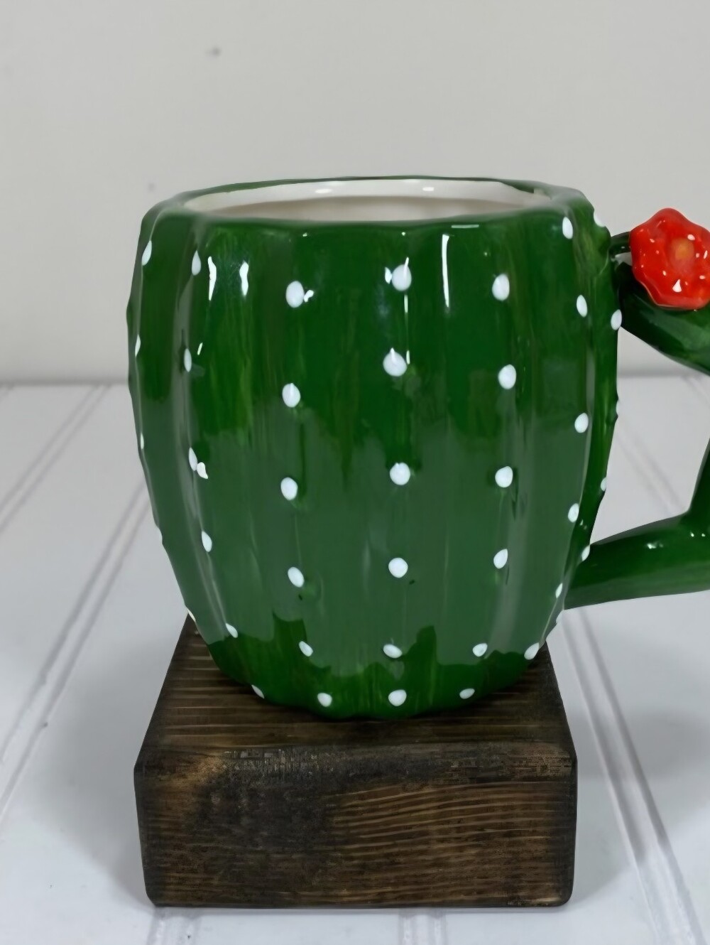Cactus-Shaped Ceramic Mug with Flower Handle - Green